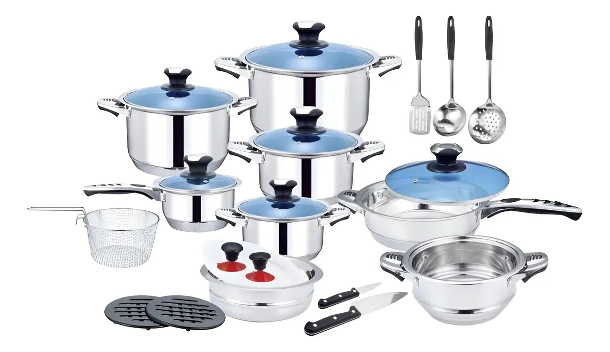 BATERIA DE COCINA 25 PIEZAS EN ACERO TAPA DE VIDRIO