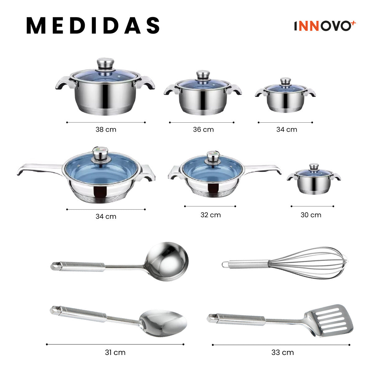 BATERIA DE COCINA 25 PIEZAS EN ACERO TAPA DE VIDRIO